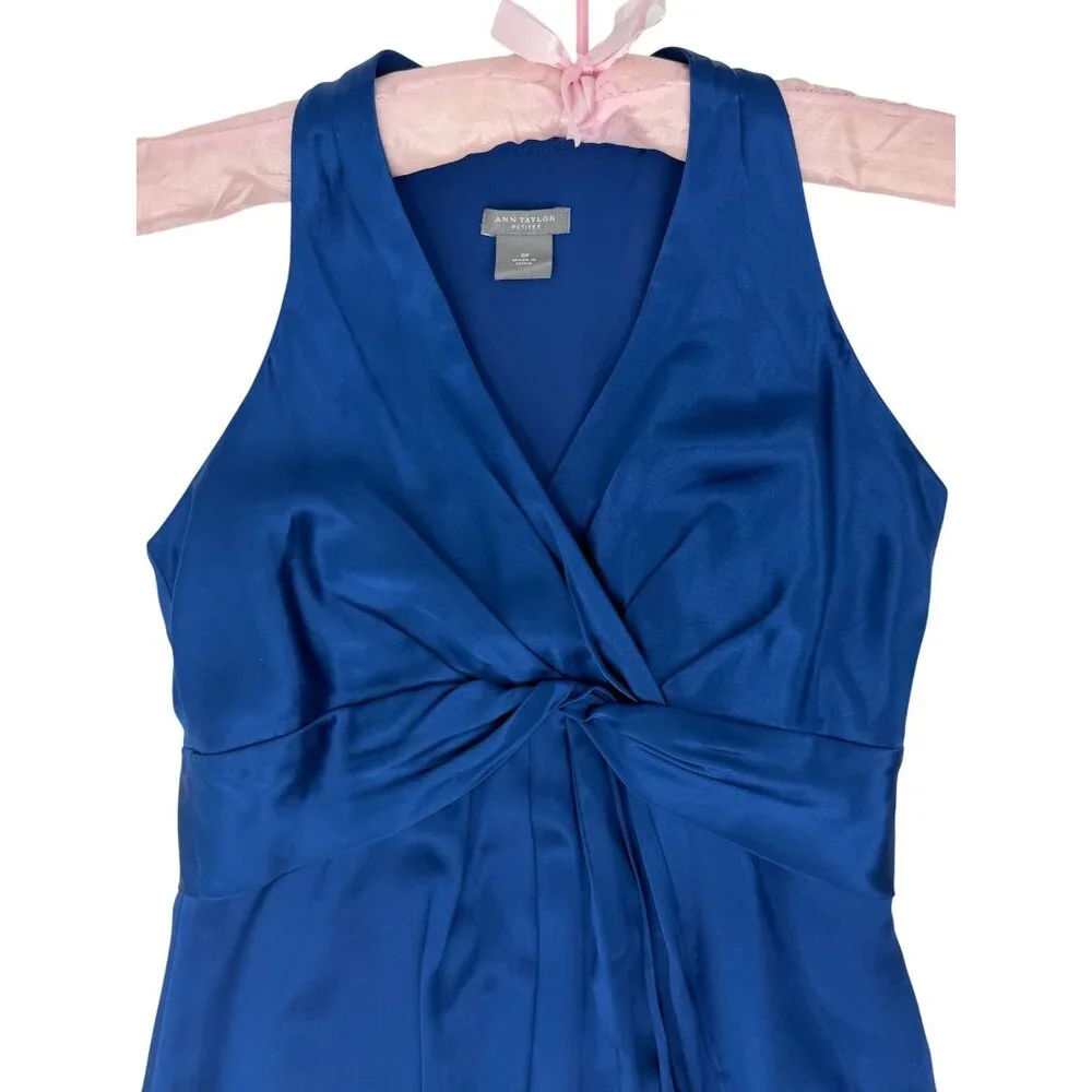 VTG Ann Taylor Royal Blue Silk A-Line Twist Front Mini Dress | 90s Quiet Luxury - Picture 11 of 12
